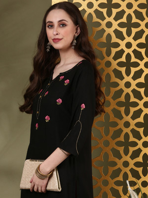 ANOUK Women Embroidered Straight Kurta(Black)