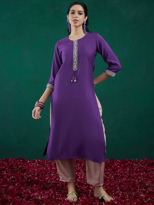 ANOUK Women Solid Straight Kurta(Purple)