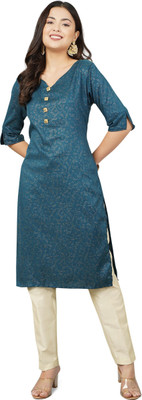 ANUSHIL Women Printed Straight Kurta(Dark Blue)
