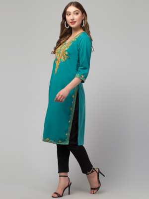 DIAMOND RUBY Women Embroidered A-line Kurta(Green)
