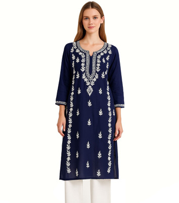 Era Chikan Women Embroidered Ethnic Dress Kurta(Dark Blue)