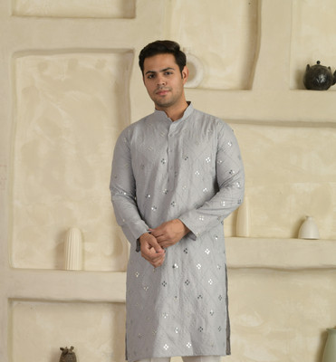 LEMONX Men Embellished, Embroidered Straight Kurta(Grey)