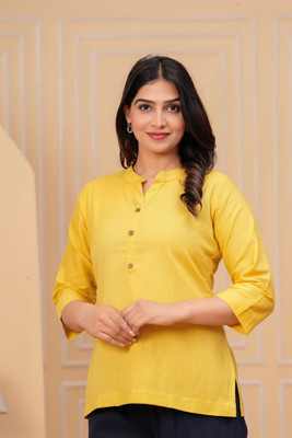 Moirai Women Solid A-line Kurta(Yellow)