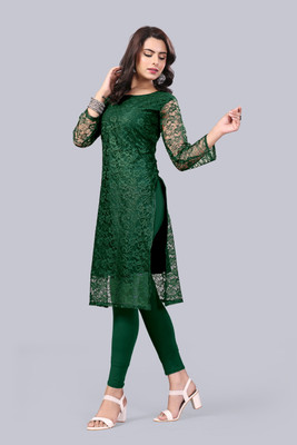 Manthan Creation Women Woven Design A-line Kurta(Dark Green)