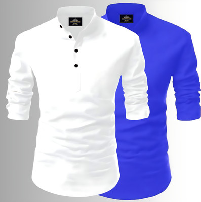Kavyangle Creation Men Printed Straight Kurta(White, Dark Blue)