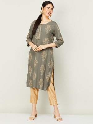 Melange by Lifestyle Women Printed Straight Kurta(Grey, Gold)