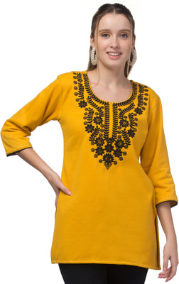 OsWorn Women Embroidered A-line Kurta(Yellow)