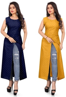 Hiral Creation Women Printed, Floral Print Frontslit Kurta(Yellow)