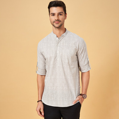 Indus Route by Pantaloons Men Printed Straight Kurta(Beige)