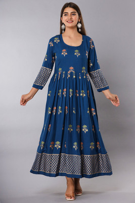 THE FABTASTICS Women Floral Print Flared Kurta(Blue)