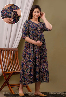 BQWOMEN Women Floral Print Flared Kurta(Multicolor)