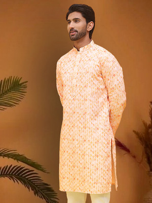 Jompers Men Embroidered Straight Kurta(Orange)