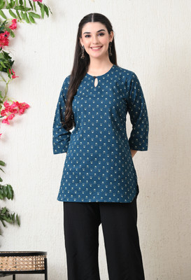 Anjali Fab Tex Women Floral Print A-line Kurta(Dark Blue, White)