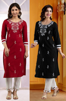 vikshi Women Chikan Embroidery Straight Kurta(Multicolor)