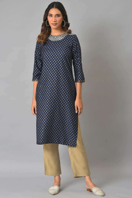 W Women Geometric Print Straight Kurta(Dark Blue)