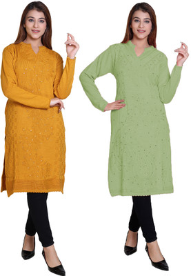 Japroz Women Embroidered, Self Design, Embellished Straight Kurta(Yellow, Light Green)