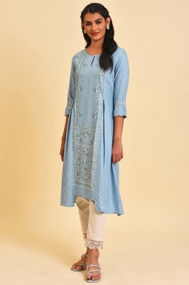 W Women Floral Print A-line Kurta(Blue)