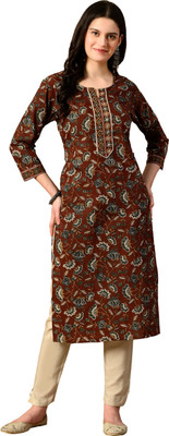 KAAHEERA Women Floral Print Straight Kurta(Brown)