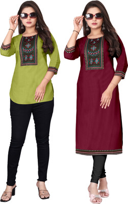 psmn Women Embroidered A-line Kurta(Light Green, Maroon)