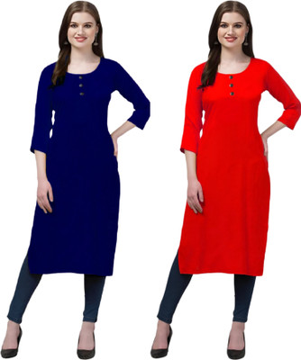 Coft Women Solid Straight Kurta(Blue, Red)