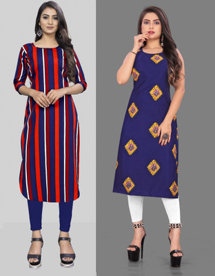 Hiral Creation Women Printed, Striped Straight Kurta(Red, Blue)