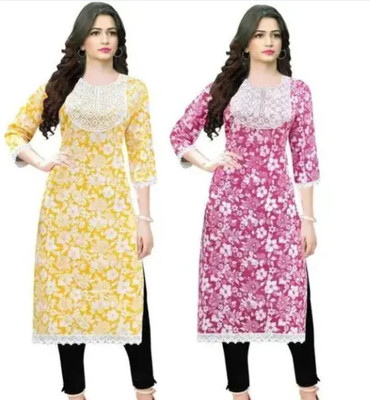 GS Attire Women Embroidered Straight Kurta(Yellow, Maroon)