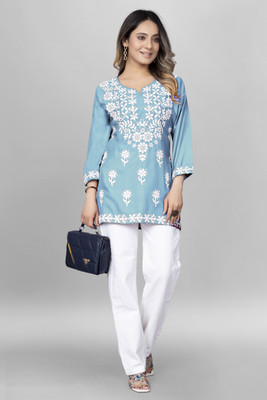 shivshakti faishon Women Chikan Embroidery A-line Kurta(Blue)
