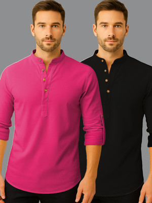 KNOWTED Men Solid Straight Kurta(Pink, Black)