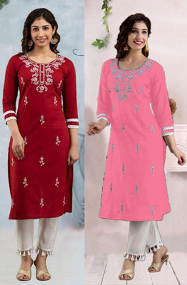vikshi Women Embroidered Straight Kurta(Pink, Red)