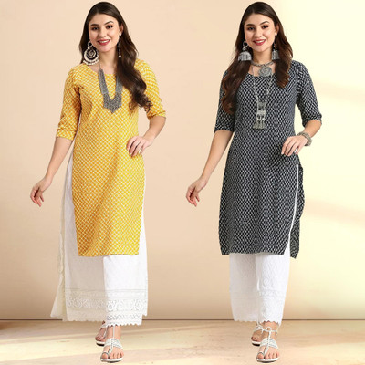 1 Stop Fashion Women Printed A-line Kurta(Yellow, Black)