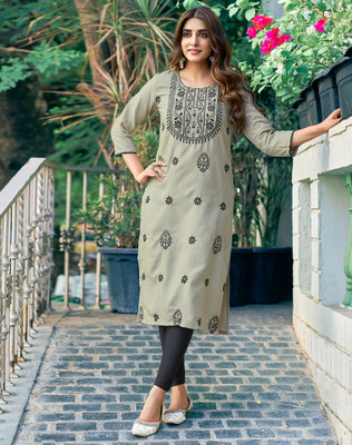 Anmi Embroidered Women Straight Kurta(Beige, Black)
