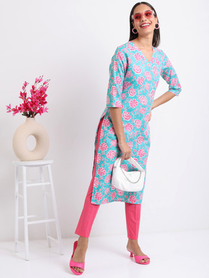 Vishudh Women Printed Straight Kurta(Blue)