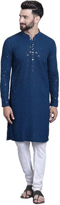 ETHNICKART Men Embellished Flared Kurta(Dark Blue)