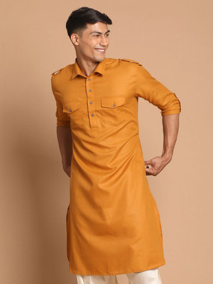 VM Men Solid A-line Kurta(Yellow)
