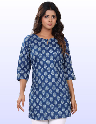 Mamvastra Women Printed Straight Kurta(Dark Blue, White)