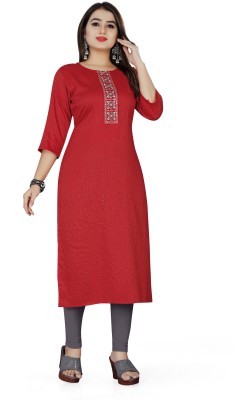 Nir Fashion Women Embroidered Straight Kurta(Red)