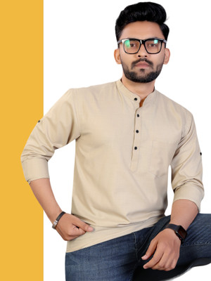 SANJU FASHION Men Solid, Self Design Straight Kurta(Beige)