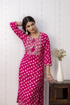 Ramistaa Women Printed Straight Kurta(Pink)