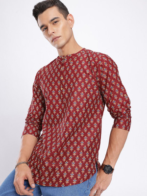 Anouk Rustic Men Floral Print Straight Kurta(Maroon)