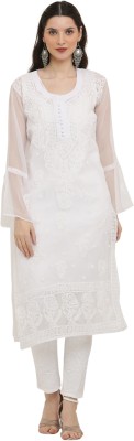 FAWOMENT Women Chikan Embroidery Straight Kurta(White)