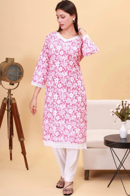 AURA CLOTHING Women Printed Straight Kurta(Pink, White)