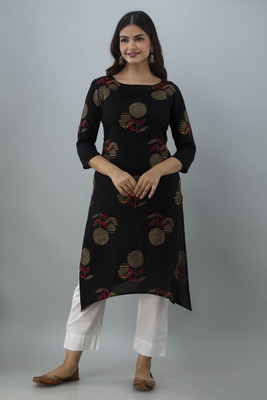 Loom Women Floral Print Straight Kurta(Black)