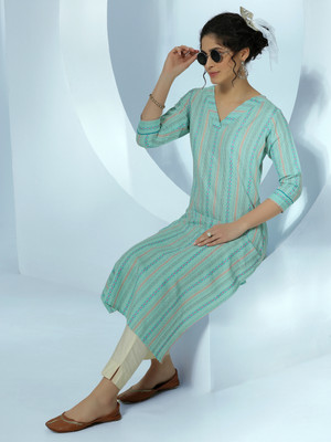 LIBAS Women Striped Straight Kurta(Green)