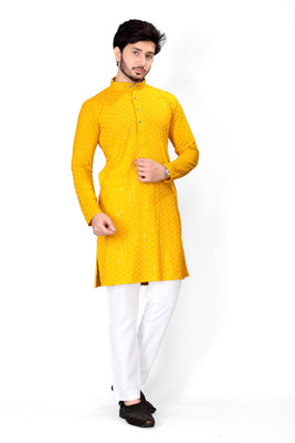 click n buy Men Embellished Straight Kurta(Yellow)