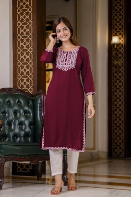 PATBRO Women Embroidered Straight Kurta(Maroon)