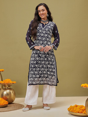 ADA Women Printed Straight Kurta(Blue)