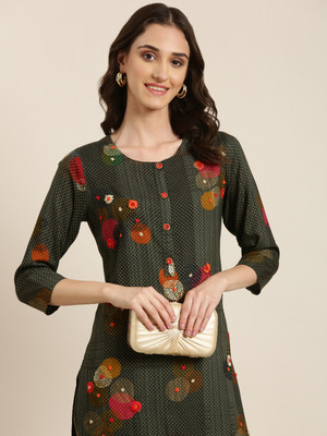 SHOWOFFFF Women Printed Straight Kurta(Green)