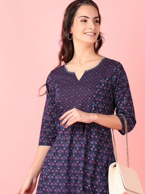 V-MART Women Printed A-line Kurta(Blue)