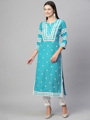 MF HAYAT Women Embroidered Straight Kurta(Blue)