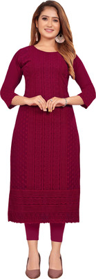 ZAZADIYA IMPEX Women Chikan Embroidery A-line Kurta(Maroon)